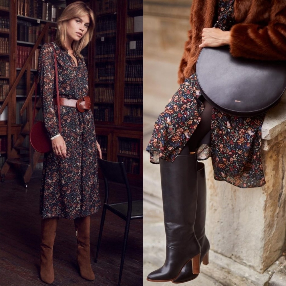 Sezane Navy Floral Clemence Midi Dress